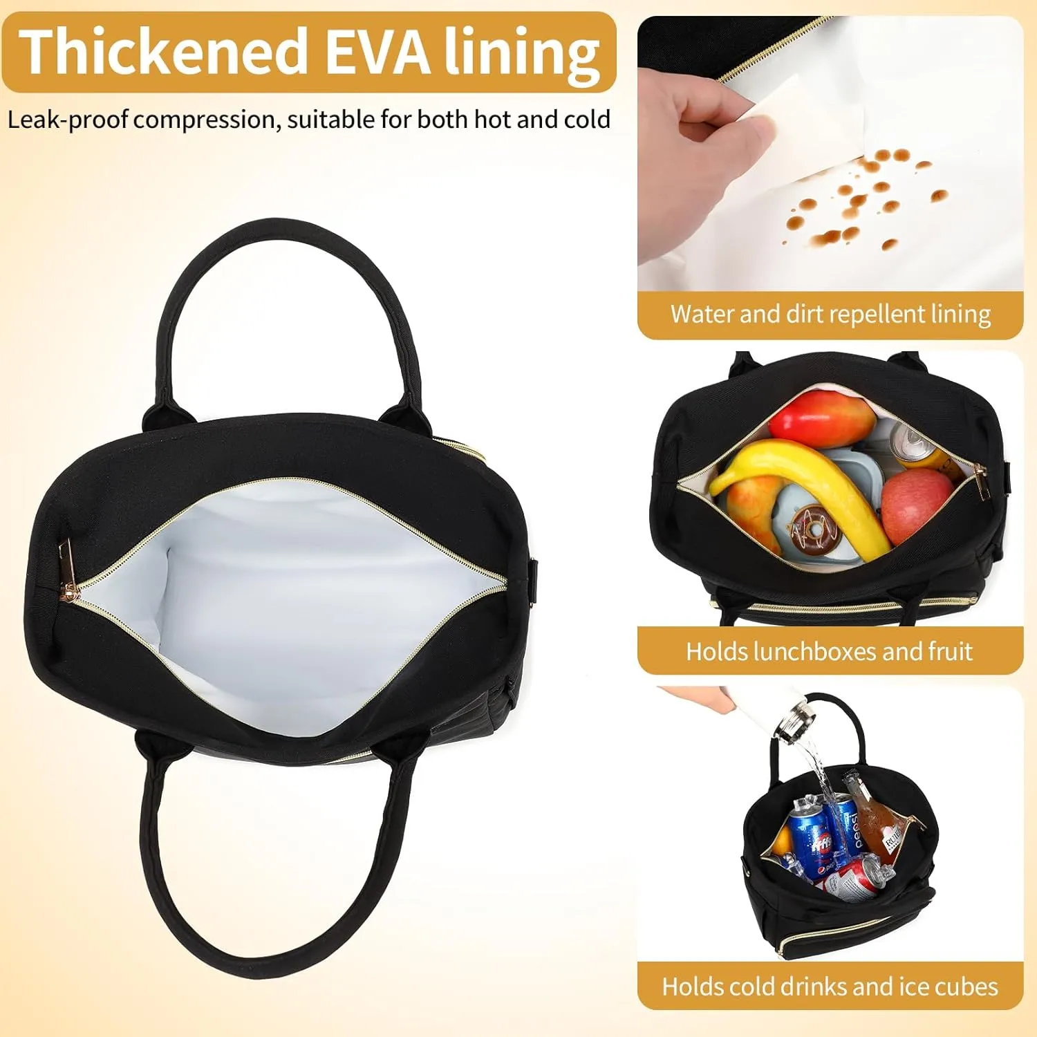 Lunch Bag Lunch Box Women Insulated Cooler Bag for Work, Large Lunchbox for Adult, Leakproof Womens Lunch Tote Bags with Shoulder Strap for Travel, Picnic, Black