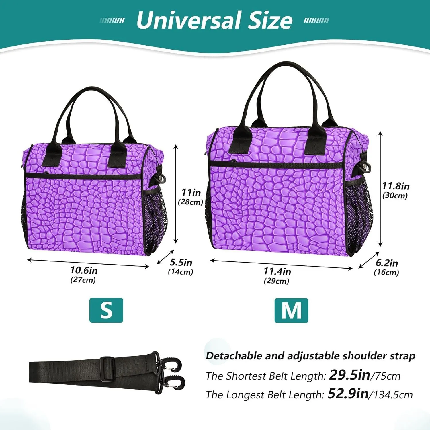 Lunch Bag Purple Alligator Skin Insulated Lunch Box Reusable Lunch Tote Bag with Adjustable Shoulder Strap for Men Women M