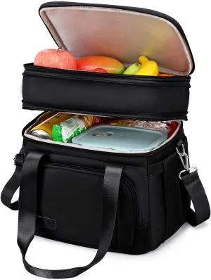 Lunch Box for Men Women - Double Deck Insulated Lunch Bag, Large Leak Proof Tote Cooler, Wide Open Dual Compartment Lunch Bags with Shoulder Strap, For Work Picnic Hiking Beach, Black