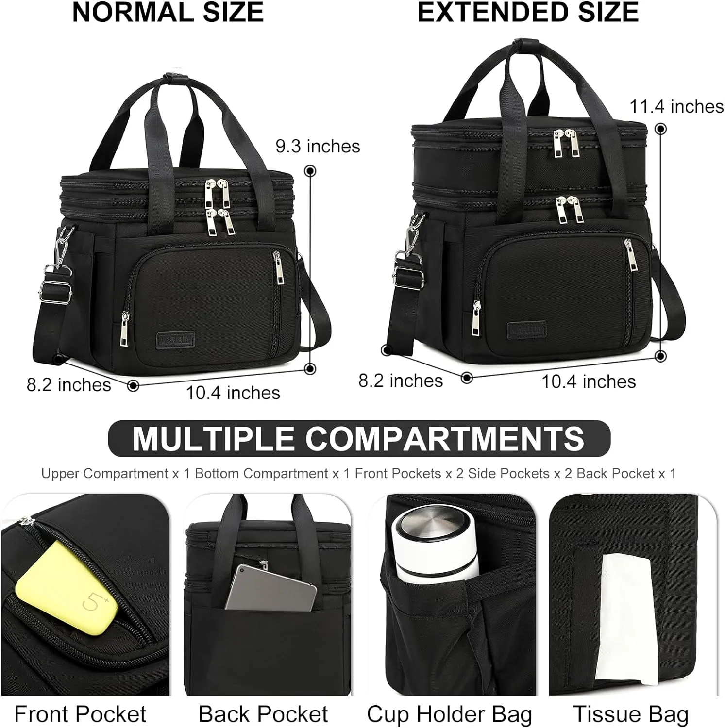 Lunch Box for Men Women - Double Deck Insulated Lunch Bag, Large Leak Proof Tote Cooler, Wide Open Dual Compartment Lunch Bags with Shoulder Strap, For Work Picnic Hiking Beach, Black