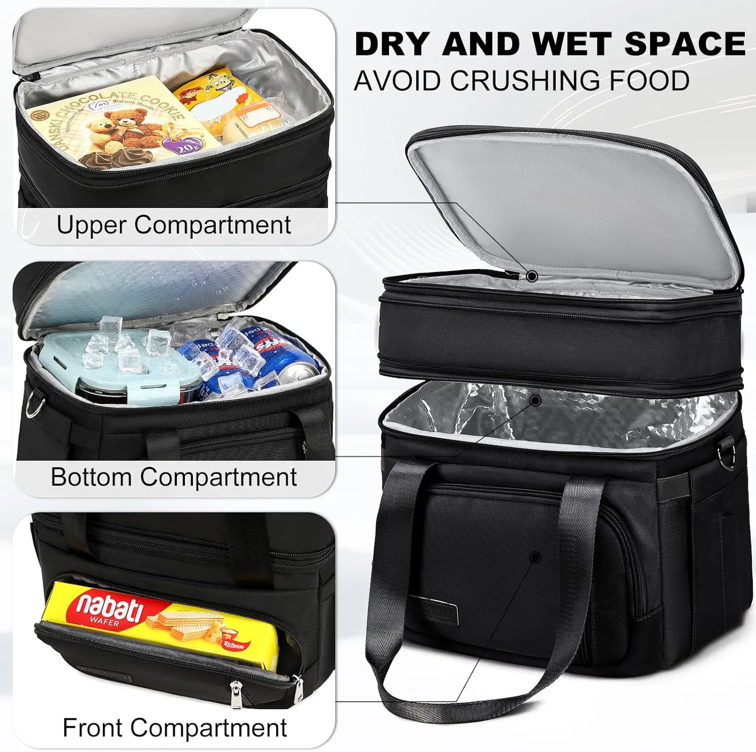 Lunch Box for Men Women - Double Deck Insulated Lunch Bag, Large Leak Proof Tote Cooler, Wide Open Dual Compartment Lunch Bags with Shoulder Strap, For Work Picnic Hiking Beach, Black