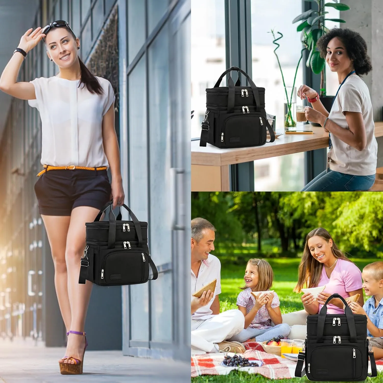 Lunch Box for Men Women - Double Deck Insulated Lunch Bag, Large Leak Proof Tote Cooler, Wide Open Dual Compartment Lunch Bags with Shoulder Strap, For Work Picnic Hiking Beach, Black