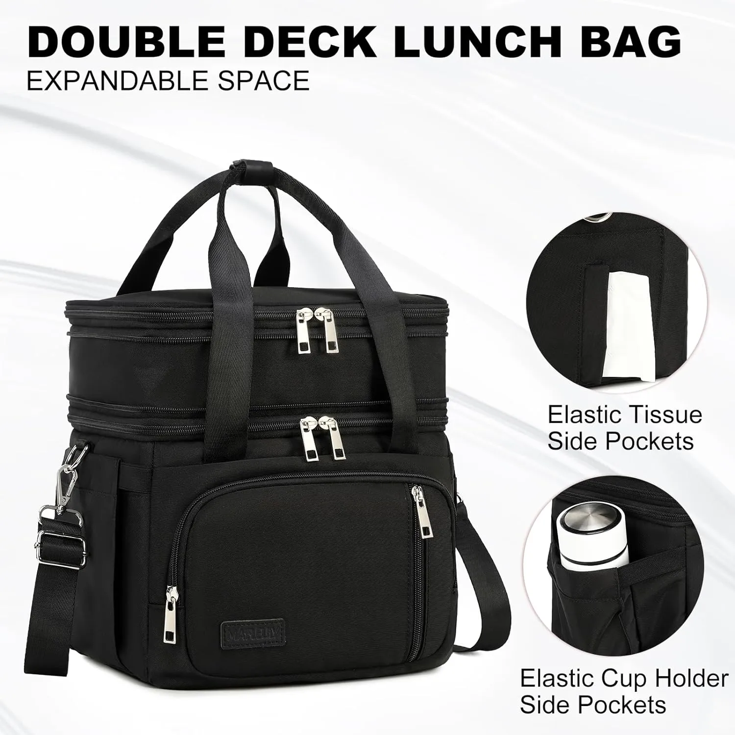 Lunch Box for Men Women - Double Deck Insulated Lunch Bag, Large Leak Proof Tote Cooler, Wide Open Dual Compartment Lunch Bags with Shoulder Strap, For Work Picnic Hiking Beach, Black