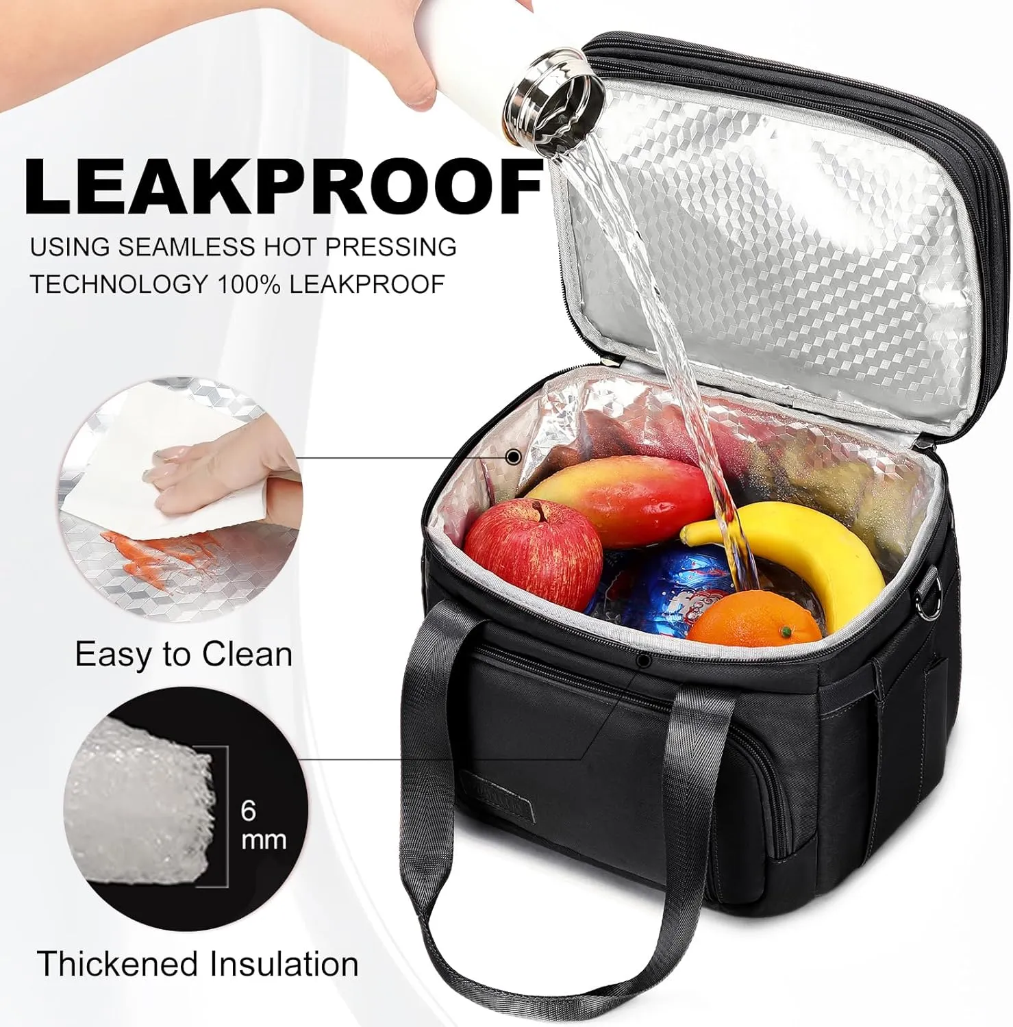 Lunch Box for Men Women - Double Deck Insulated Lunch Bag, Large Leak Proof Tote Cooler, Wide Open Dual Compartment Lunch Bags with Shoulder Strap, For Work Picnic Hiking Beach, Black
