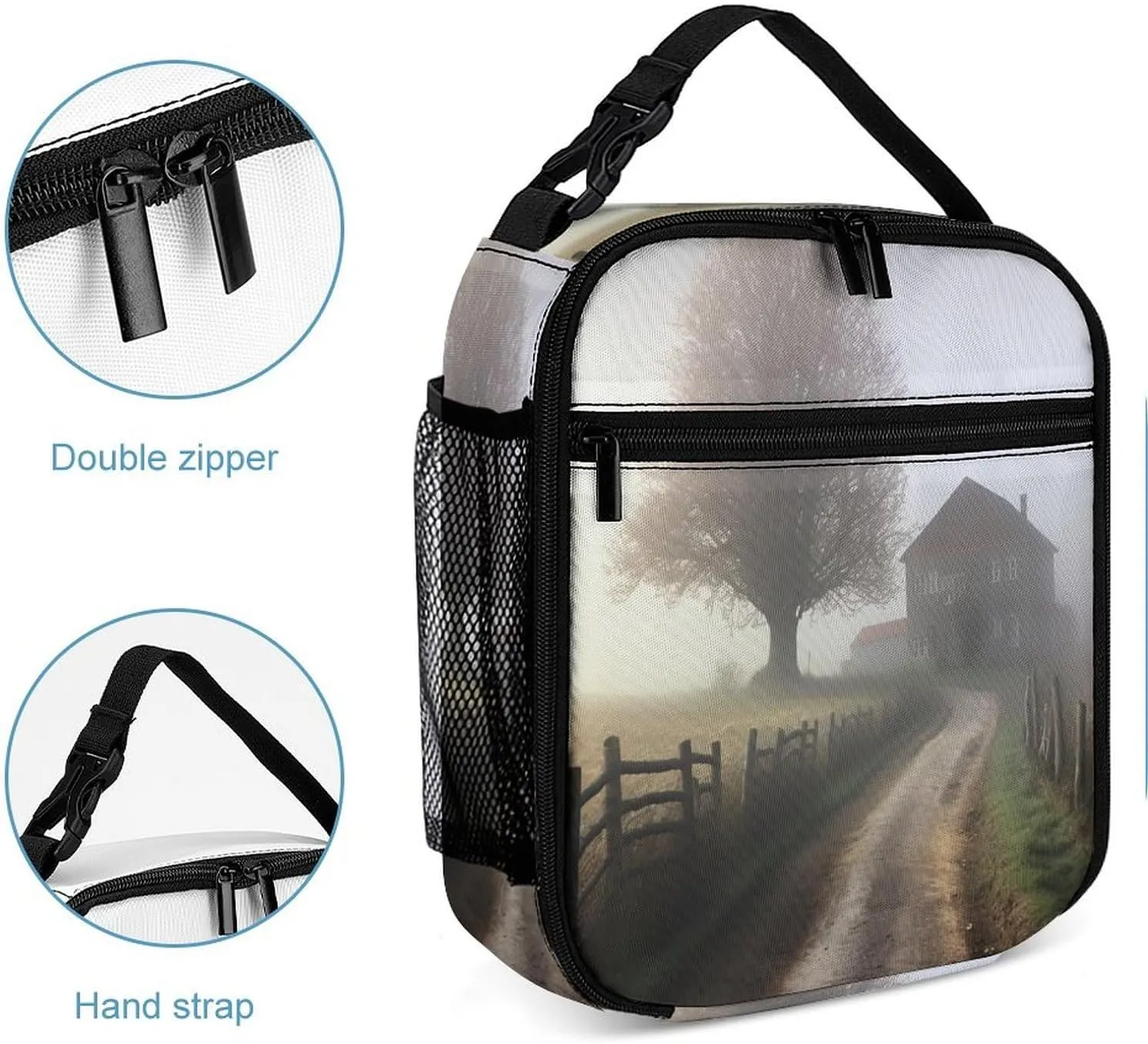 Lunch Box for Women Men Insulated Soft Bag Misty Farmhouse Lunch Bag With Side Pocket Reusable Portable Tote Meal Bags for Work Picnic, 27.5X20cm, Style 2