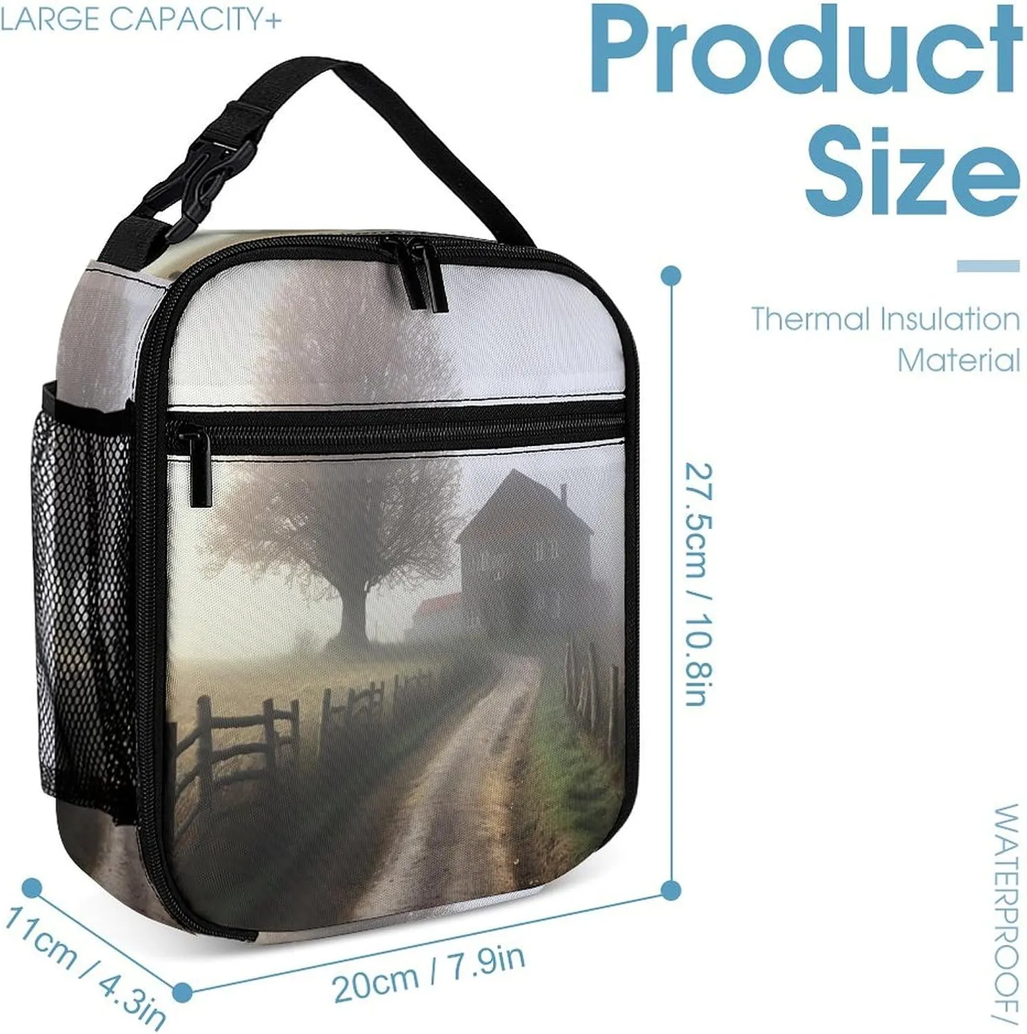 Lunch Box for Women Men Insulated Soft Bag Misty Farmhouse Lunch Bag With Side Pocket Reusable Portable Tote Meal Bags for Work Picnic, 27.5X20cm, Style 2