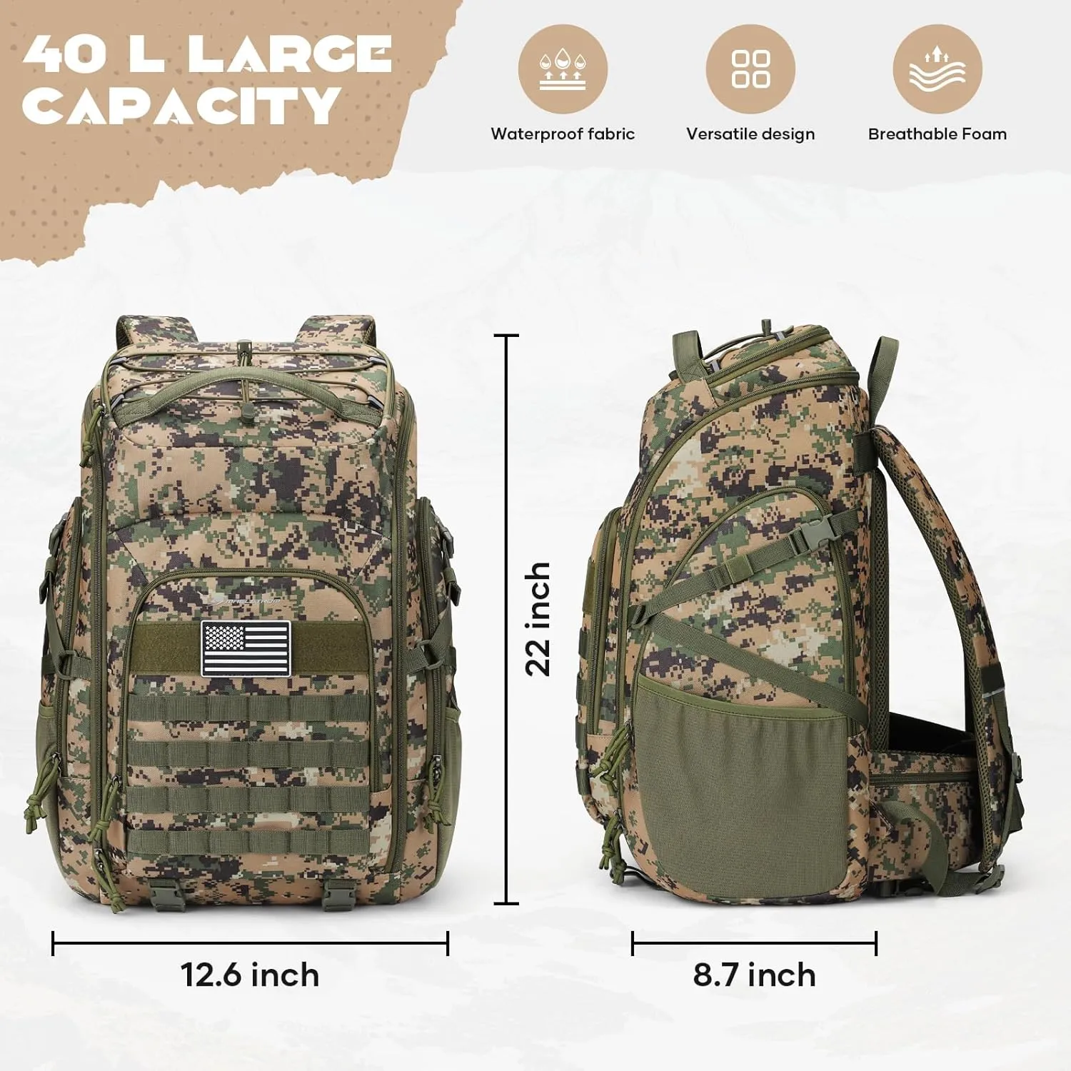 Maelstrom Tactical Backpack for Men, 40L Military Backpack,Water Resistant Assault Pack for Women, 3-Day Bug Out Bag for Hiking, Camping, Gym with Molle System-Camouflage