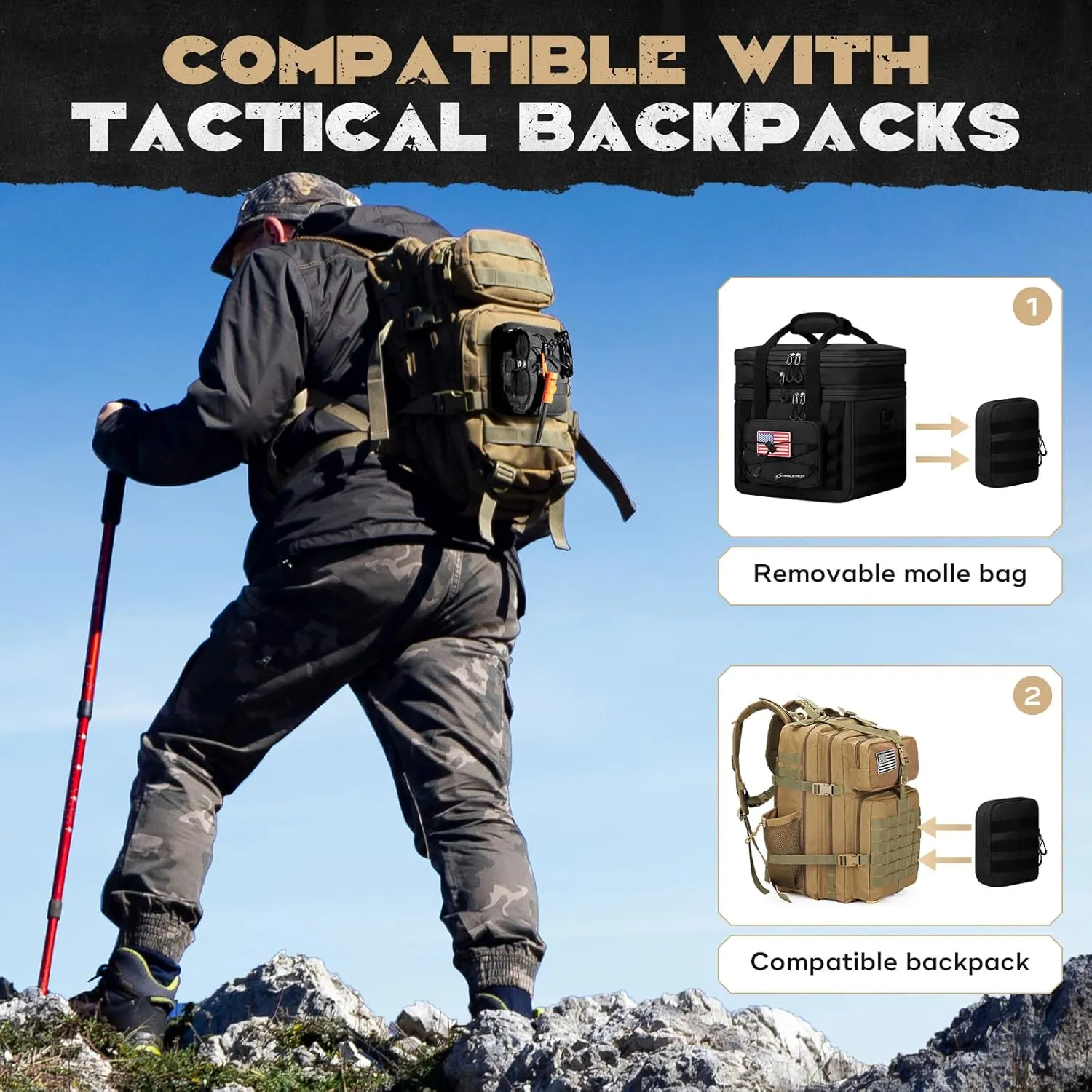 Maelstrom Tactical Lunch Box, 23 L Insulated Lunch Bag for Men, Expandable Double Deck Lunch Cooler Bag,Large Leakproof Soft Lunch Tote with Detachable MOLLE Bags, for Adult Women Work,Picnic,Black