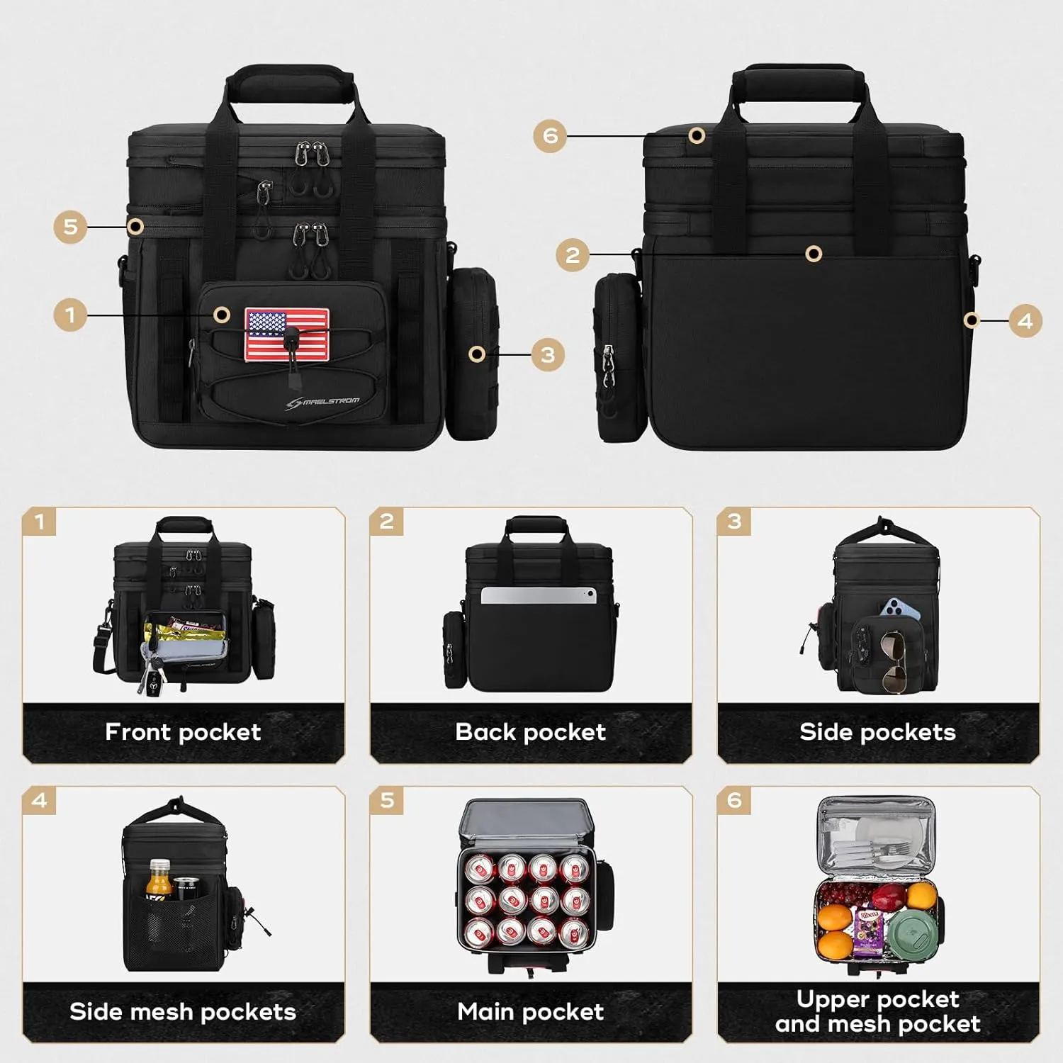 Maelstrom Tactical Lunch Box, 23 L Insulated Lunch Bag for Men, Expandable Double Deck Lunch Cooler Bag,Large Leakproof Soft Lunch Tote with Detachable MOLLE Bags, for Adult Women Work,Picnic,Black