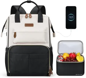 Maelstrom Travel Backpack for Women Men,Laptop Backpack Fits 15.6-17.3 Inch Laptop, Nurse/Teacher/Work Bag with Insulated Lunch Box,Water Resistant Carry On Backpack,Black-Beige