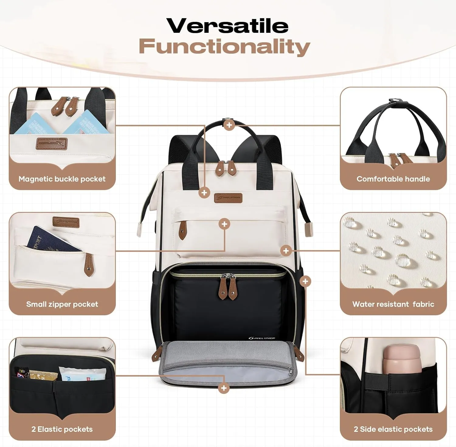 Maelstrom Travel Backpack for Women Men,Laptop Backpack Fits 15.6-17.3 Inch Laptop, Nurse/Teacher/Work Bag with Insulated Lunch Box,Water Resistant Carry On Backpack,Black-Beige