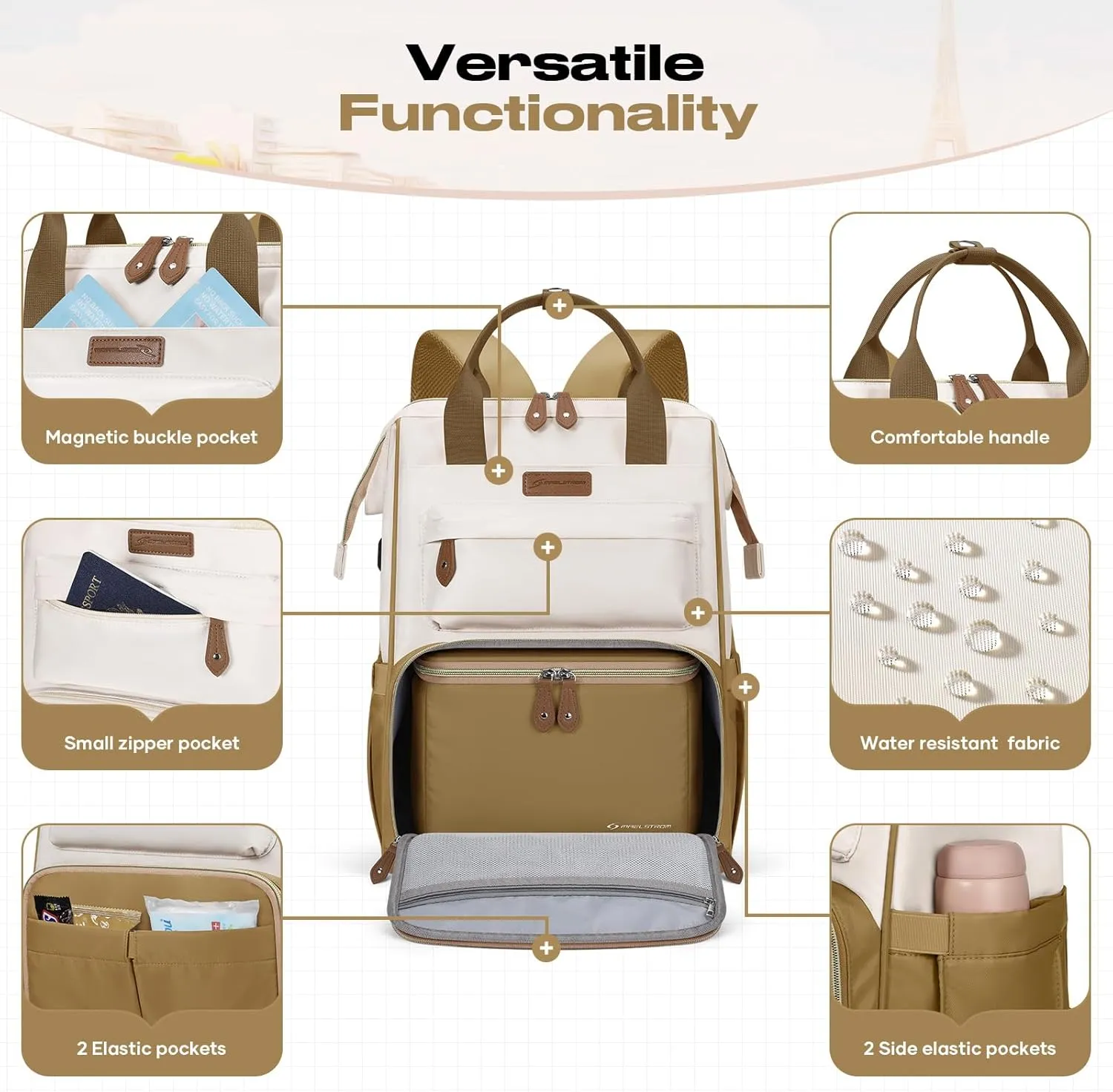 Maelstrom Travel Backpack for Women Men,Laptop Backpack Fits 15.6-17.3 Inch Laptop, Nurse/Teacher/Work Bag with Insulated Lunch Box,Water Resistant Carry On Backpack,Khaki-Beige