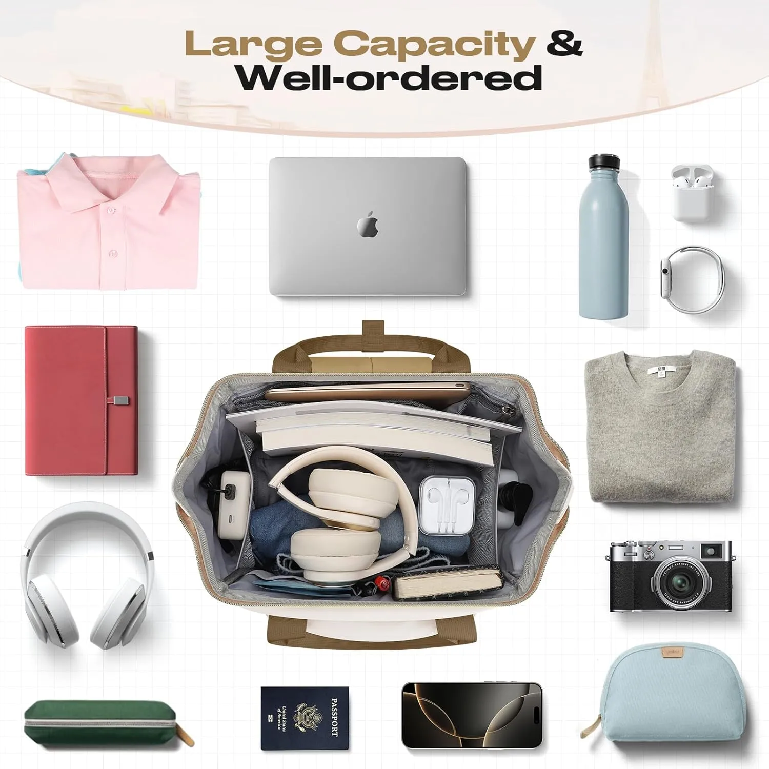 Maelstrom Travel Backpack for Women Men,Laptop Backpack Fits 15.6-17.3 Inch Laptop, Nurse/Teacher/Work Bag with Insulated Lunch Box,Water Resistant Carry On Backpack,Khaki-Beige