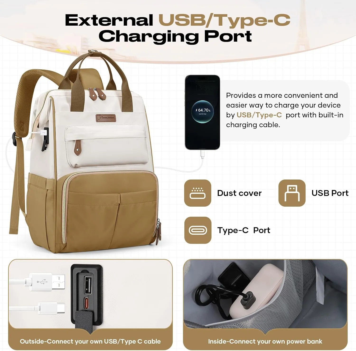 Maelstrom Travel Backpack for Women Men,Laptop Backpack Fits 15.6-17.3 Inch Laptop, Nurse/Teacher/Work Bag with Insulated Lunch Box,Water Resistant Carry On Backpack,Khaki-Beige