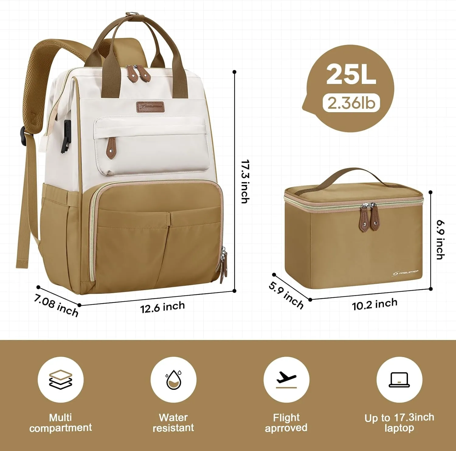 Maelstrom Travel Backpack for Women Men,Laptop Backpack Fits 15.6-17.3 Inch Laptop, Nurse/Teacher/Work Bag with Insulated Lunch Box,Water Resistant Carry On Backpack,Khaki-Beige