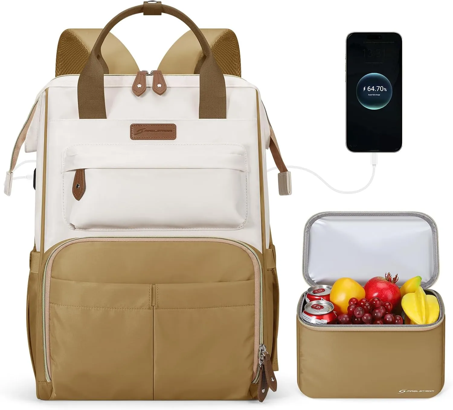 Maelstrom Travel Backpack for Women Men,Laptop Backpack Fits 15.6-17.3 Inch Laptop, Nurse/Teacher/Work Bag with Insulated Lunch Box,Water Resistant Carry On Backpack,Khaki-Beige