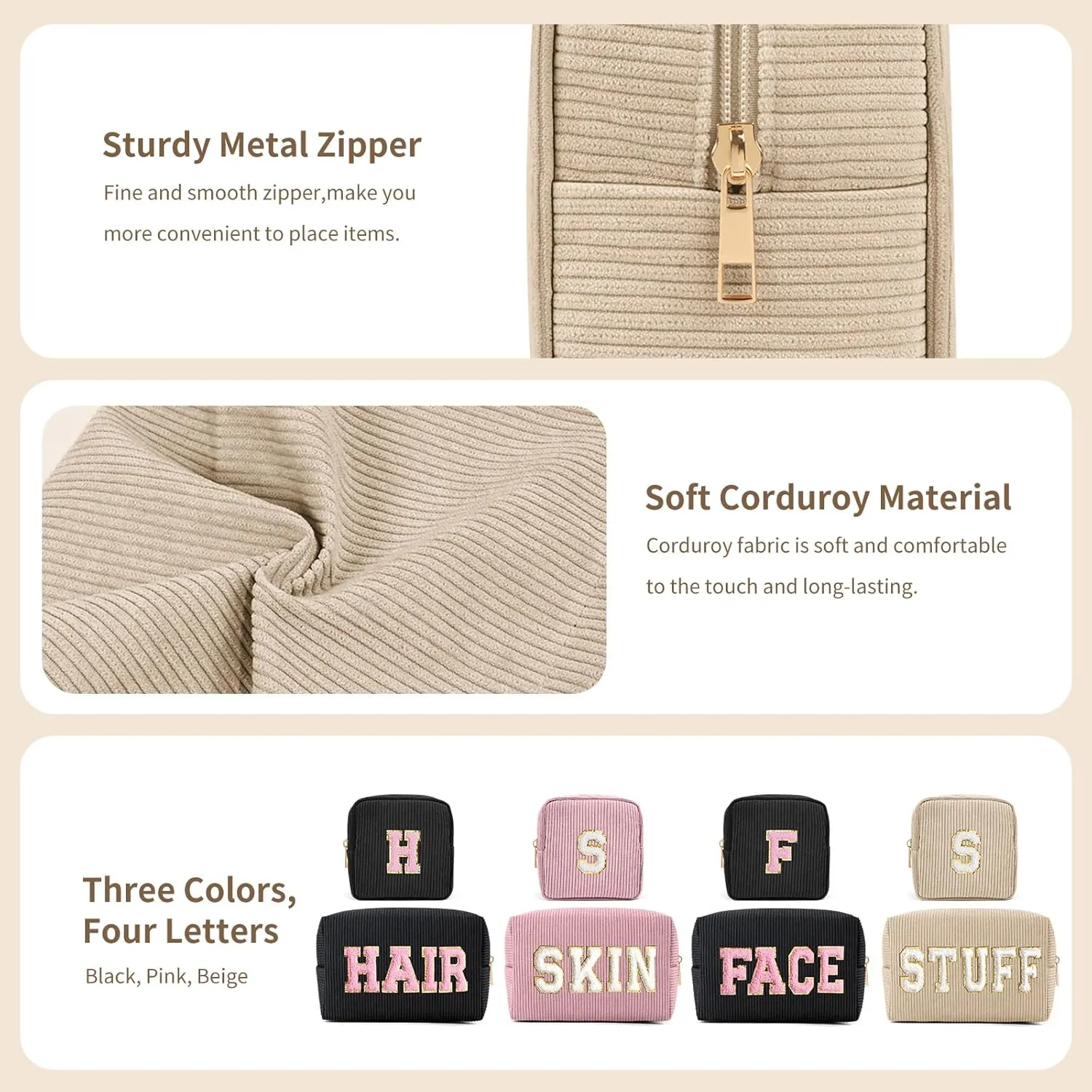MAGEFY Makeup Bag，2 Pcs Initial Cute Makeup Bag for Purse Corduroy Cosmetic Bag for Girls Women Small Travel Makeup Pouch with Zipper(Beige-SKIN S)