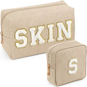 MAGEFY Makeup Bag，2 Pcs Initial Cute Makeup Bag for Purse Corduroy Cosmetic Bag for Girls Women Small Travel Makeup Pouch with Zipper(Beige-SKIN S)