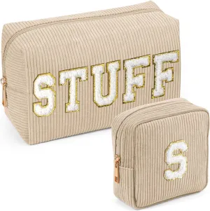 MAGEFY Makeup Bag，2 Pcs Initial Cute Makeup Bag for Purse Corduroy Cosmetic Bag for Girls Women Small Travel Makeup Pouch with Zipper(Beige-STUFF S)
