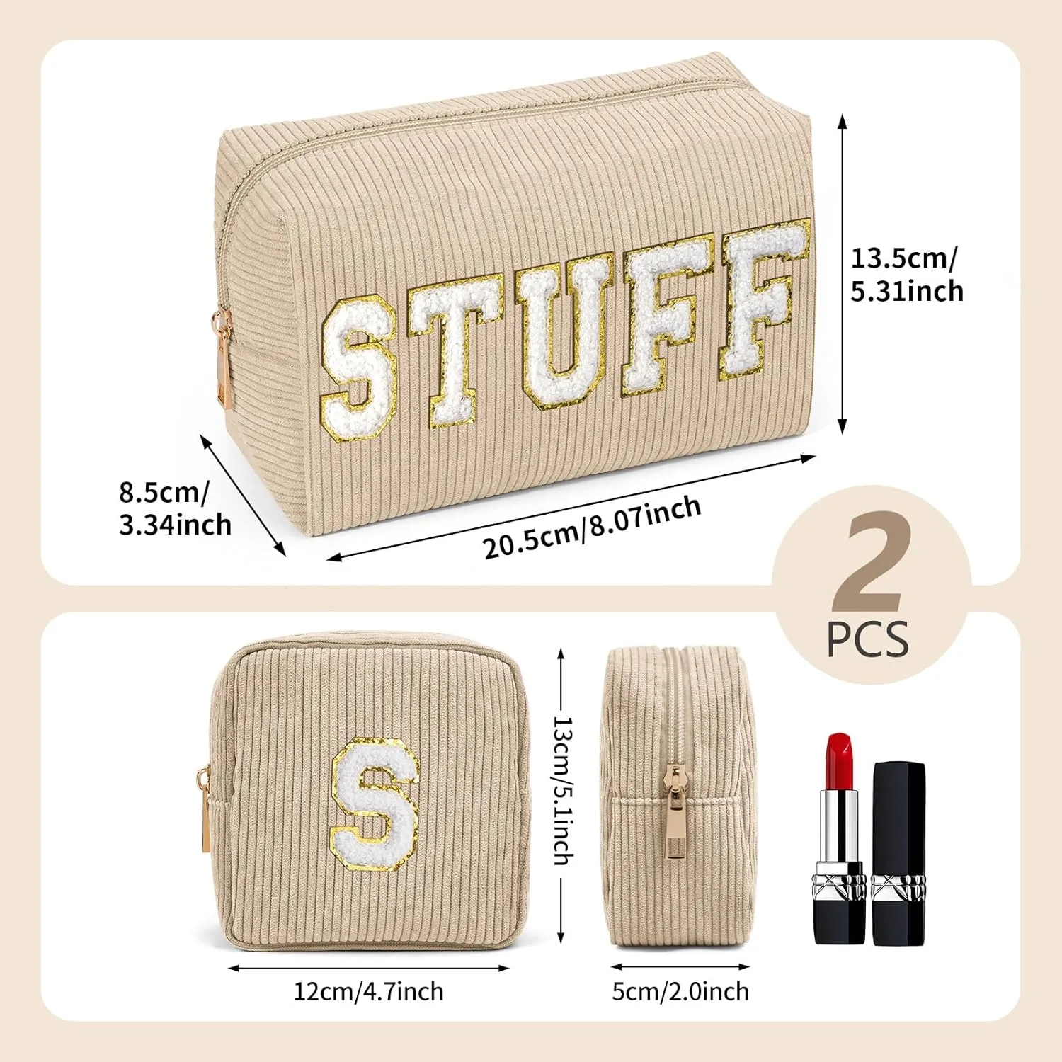 MAGEFY Makeup Bag，2 Pcs Initial Cute Makeup Bag for Purse Corduroy Cosmetic Bag for Girls Women Small Travel Makeup Pouch with Zipper(Beige-STUFF S)
