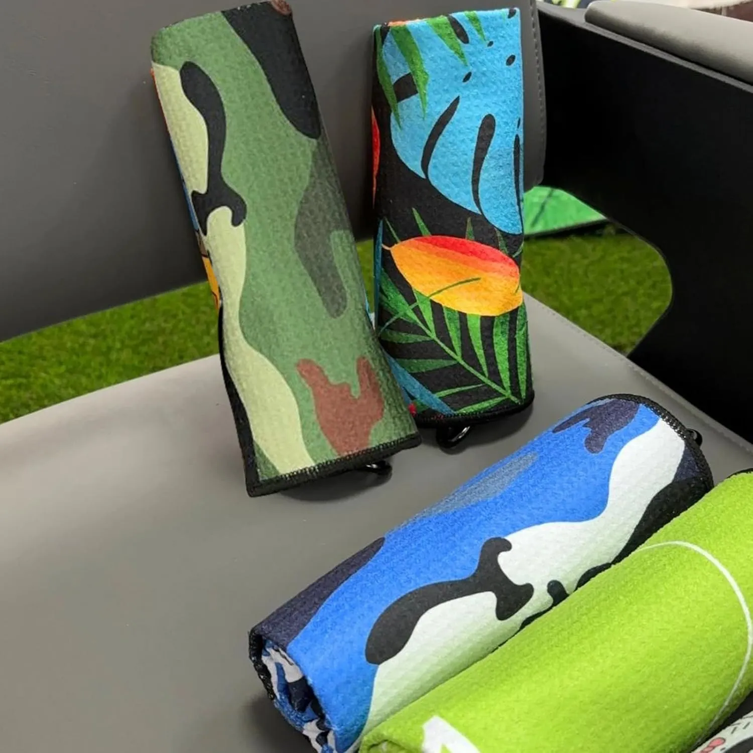 Magnetic Golf Towels with Clip, Microfiber Waffle Design, Industrial Strength Magnet for Strong Hold to Golf Bags, Carts & Clubs (Multiple Colors Available) (Multicolor Rainforest)