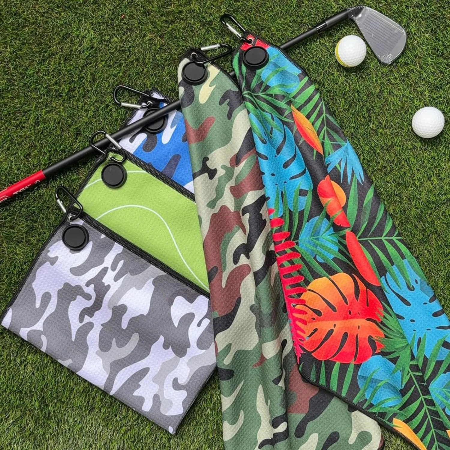 Magnetic Golf Towels with Clip, Microfiber Waffle Design, Industrial Strength Magnet for Strong Hold to Golf Bags, Carts & Clubs (Multiple Colors Available) (Multicolor Rainforest)