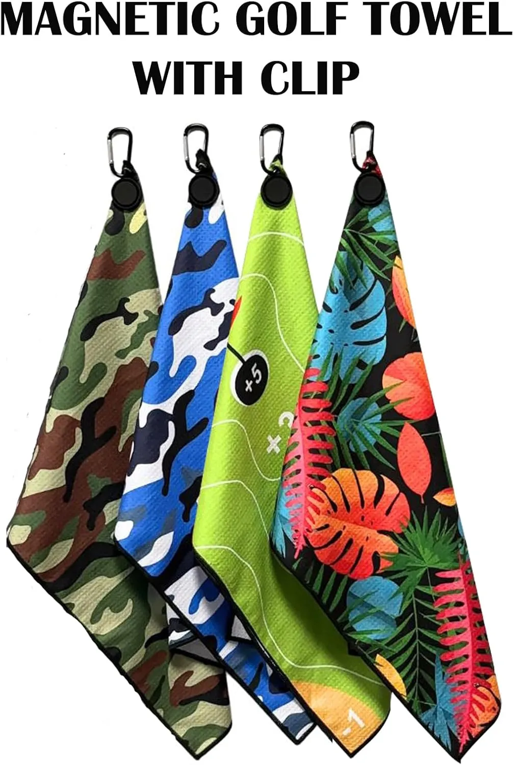 Magnetic Golf Towels with Clip, Microfiber Waffle Design, Industrial Strength Magnet for Strong Hold to Golf Bags, Carts & Clubs (Multiple Colors Available) (Multicolor Rainforest)