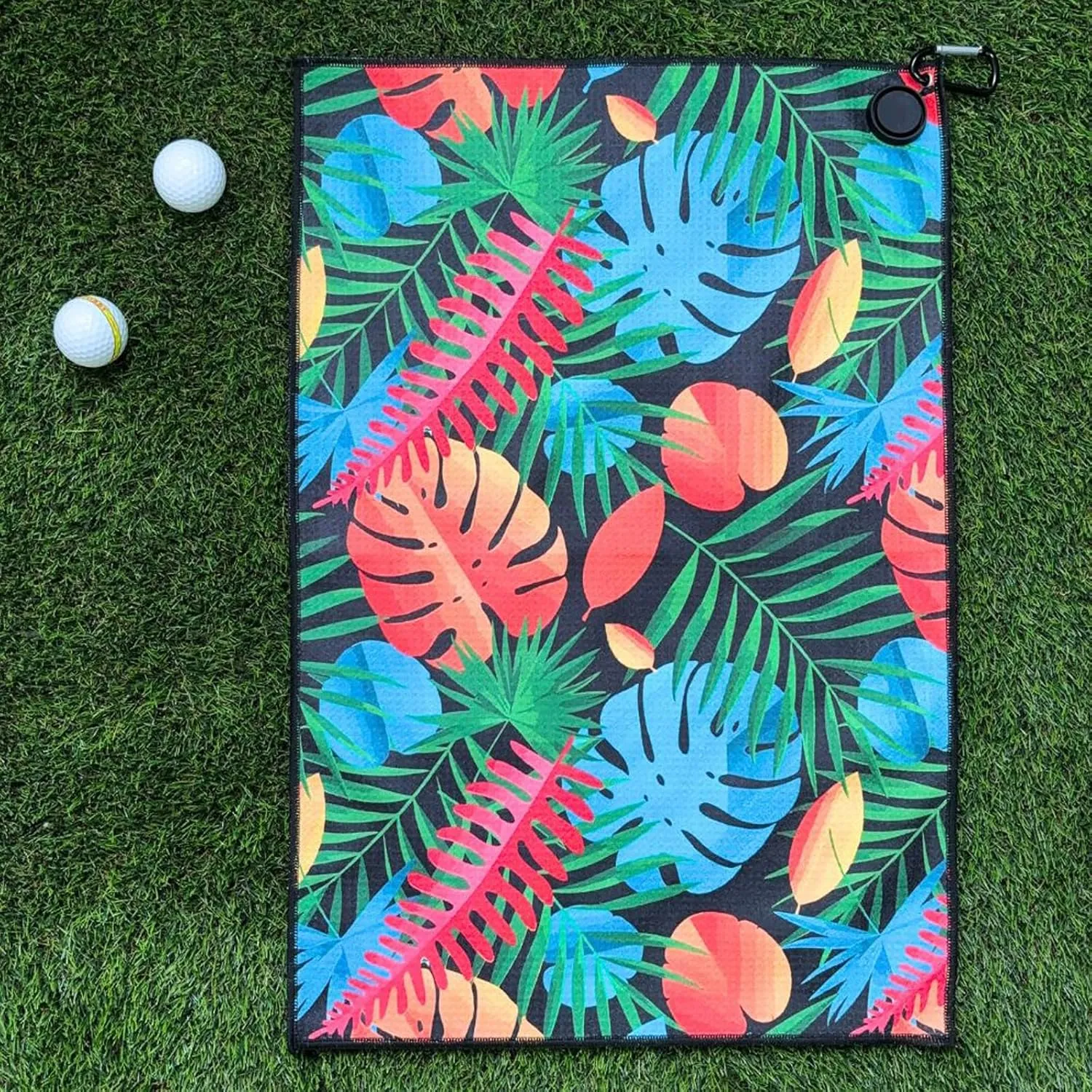 Magnetic Golf Towels with Clip, Microfiber Waffle Design, Industrial Strength Magnet for Strong Hold to Golf Bags, Carts & Clubs (Multiple Colors Available) (Multicolor Rainforest)