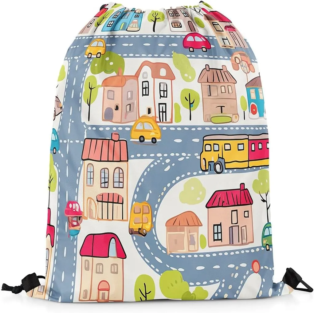Manfei City Roadway Beige Drawstring Backpack Bag,Gray Road Car Bus Truck Hand Graffiti Drawstring Bag,Large Capacity Countryside Suburb House Tree Adjustable Draw String Bag