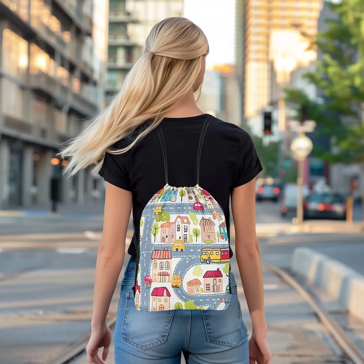 Manfei City Roadway Beige Drawstring Backpack Bag,Gray Road Car Bus Truck Hand Graffiti Drawstring Bag,Large Capacity Countryside Suburb House Tree Adjustable Draw String Bag