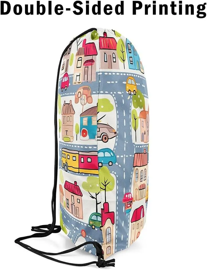 Manfei City Roadway Beige Drawstring Backpack Bag,Gray Road Car Bus Truck Hand Graffiti Drawstring Bag,Large Capacity Countryside Suburb House Tree Adjustable Draw String Bag