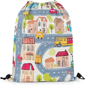 Manfei City Roadway Beige Drawstring Backpack Bag,Gray Road Car Bus Truck Hand Graffiti Drawstring Bag,Large Capacity Countryside Suburb House Tree Adjustable Draw String Bag