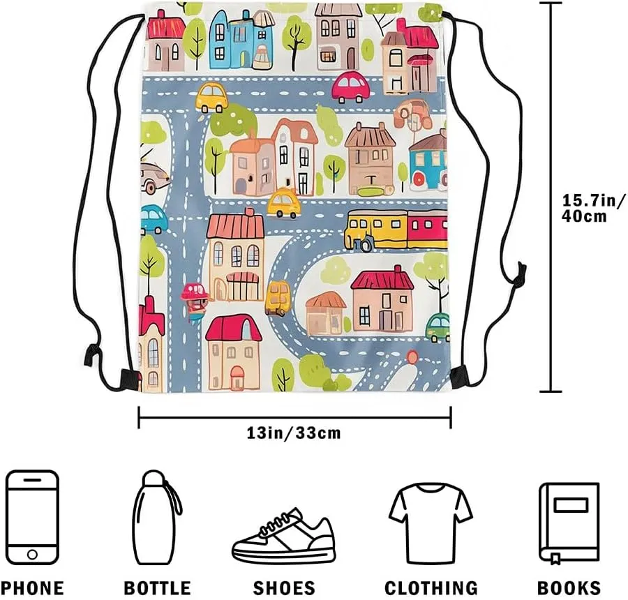 Manfei City Roadway Beige Drawstring Backpack Bag,Gray Road Car Bus Truck Hand Graffiti Drawstring Bag,Large Capacity Countryside Suburb House Tree Adjustable Draw String Bag