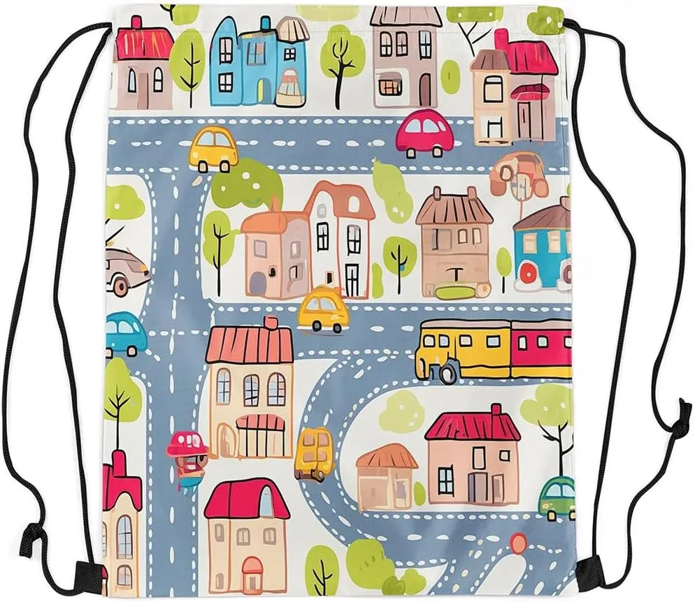 Manfei City Roadway Beige Drawstring Backpack Bag,Gray Road Car Bus Truck Hand Graffiti Drawstring Bag,Large Capacity Countryside Suburb House Tree Adjustable Draw String Bag