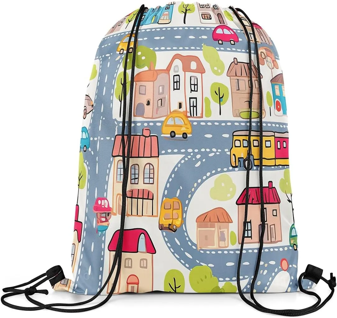 Manfei City Roadway Beige Drawstring Backpack Bag,Gray Road Car Bus Truck Hand Graffiti Drawstring Bag,Large Capacity Countryside Suburb House Tree Adjustable Draw String Bag