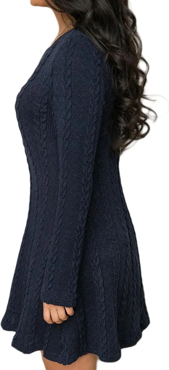 Mansy Sweater Dress for Women Cable Knit Ribbed A-Line Short Fitted Pullover Sweaters Dresses Fall Winter