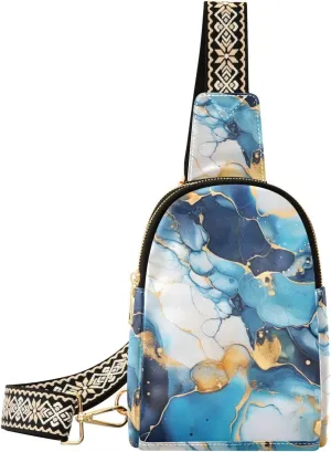 Marble Bag Small Sling Bag for Women Marble Print Blue Gold Leather Crossbody Bags Chest Bag Waist Packs