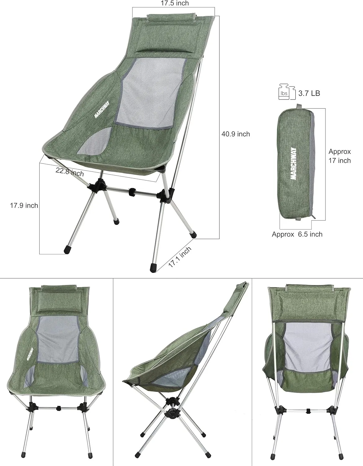 MARCHWAY Lightweight Folding High Back Camping Chair with Headrest, Portable Compact for Outdoor Camp, Travel, Picnic, Festival, Hiking, Backpacking (Highback Green)