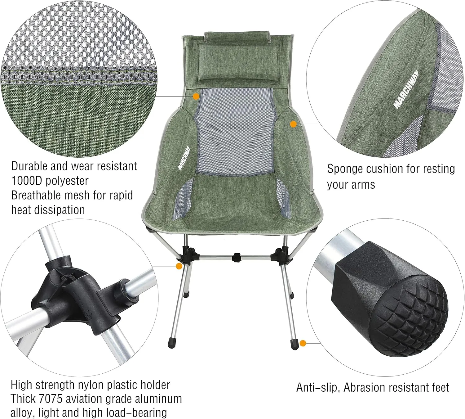 MARCHWAY Lightweight Folding High Back Camping Chair with Headrest, Portable Compact for Outdoor Camp, Travel, Picnic, Festival, Hiking, Backpacking (Highback Green)