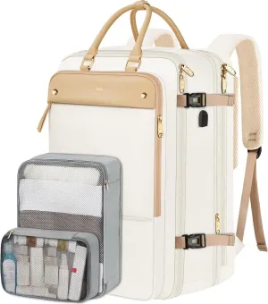 MATEIN Carry on Backpack for Women, 52L TSA Travel Laptop Backpack with USB Charging Port & Shoes Compartment, 17 Inch Extra Large Expandable Flight Approved Computer Bag with 2 Packing Cubes, Beige