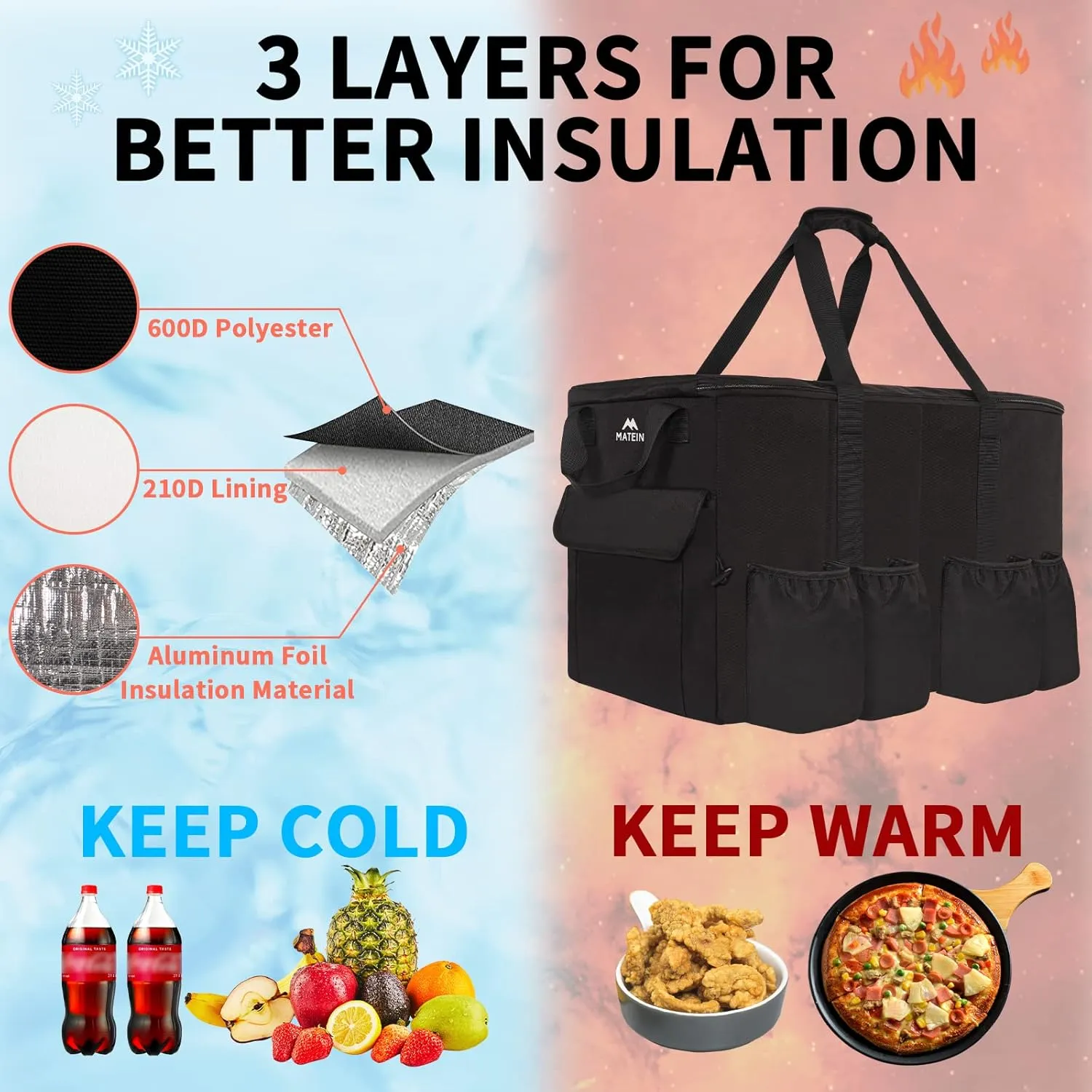 MATEIN Food Delivery Bag XXL - 23x14x15 inches, Water Resistant Large Insulated Hot & Cooler Bags for Delivery with Cup Holders, Pizza Warmer Carrying Case - Catering Bag for Food Deliveries, Black