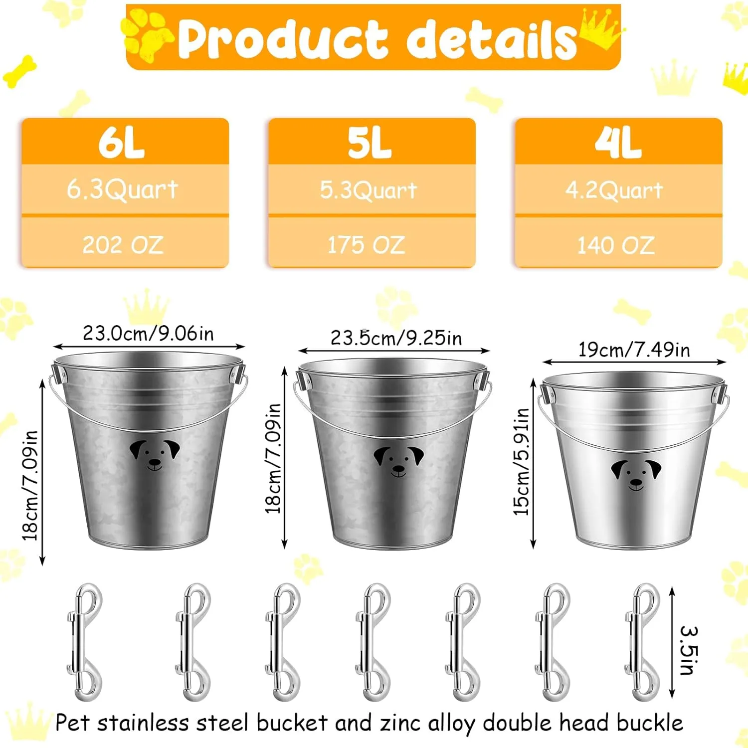 Maxcheck 6 Pcs Dog Galvanized Water Bucket Round Water Pails with 6 Pcs Double Ended Bolt Snap Hooks Metal Pail with Handles for Fences Cages Kennel Pets Food and Water Storage(6.3 Quart)
