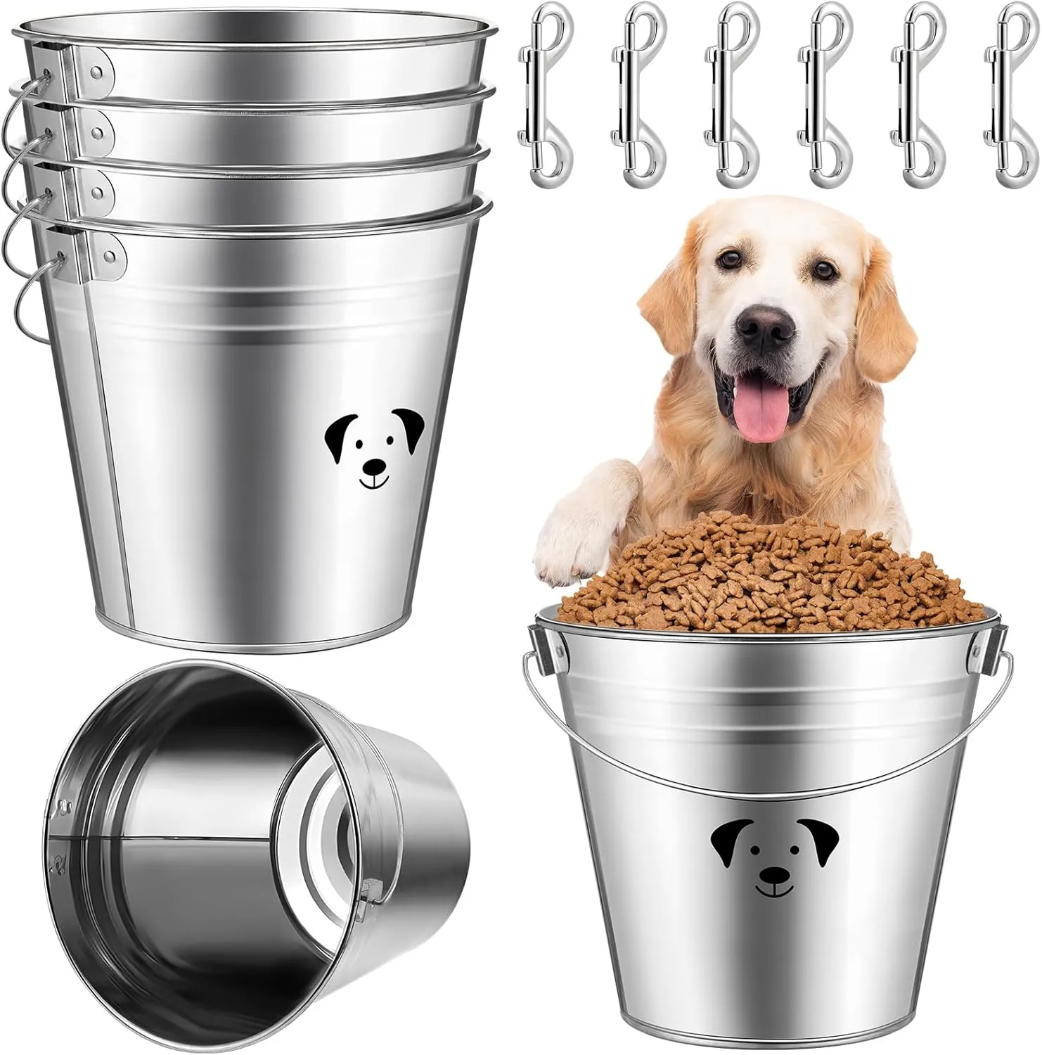 Maxcheck 6 Pcs Dog Galvanized Water Bucket Round Water Pails with 6 Pcs Double Ended Bolt Snap Hooks Metal Pail with Handles for Fences Cages Kennel Pets Food and Water Storage(6.3 Quart)