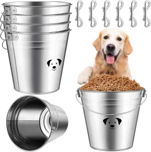 Maxcheck 6 Pcs Dog Galvanized Water Bucket Round Water Pails with 6 Pcs Double Ended Bolt Snap Hooks Metal Pail with Handles for Fences Cages Kennel Pets Food and Water Storage(6.3 Quart)
