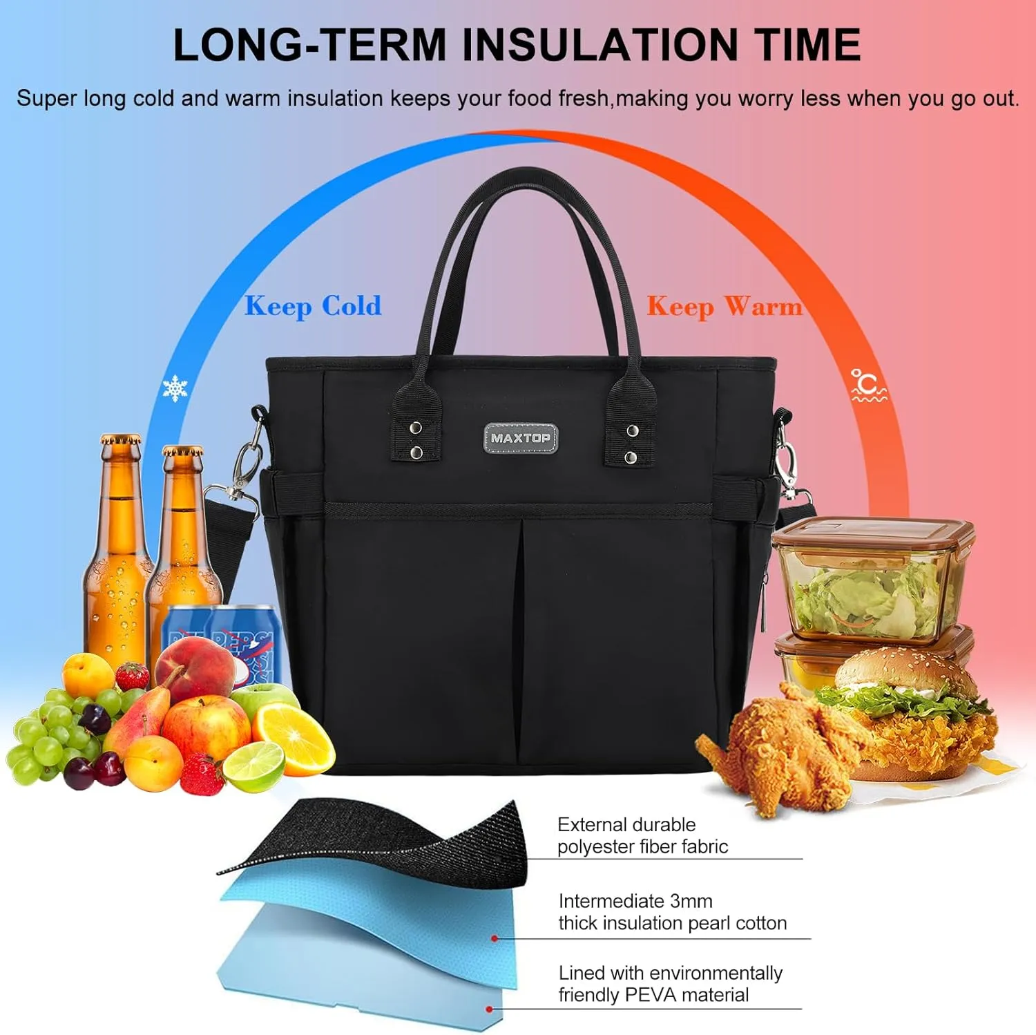 MAXTOP Lunch Bag Women for Work Insulated Thermal Lunch Box for Men with Wide-Open Pocket Reusable Leakproof Cooler Bags with Removable Shoulder Strap for Teacher Nurse Office Beach Picnic Black