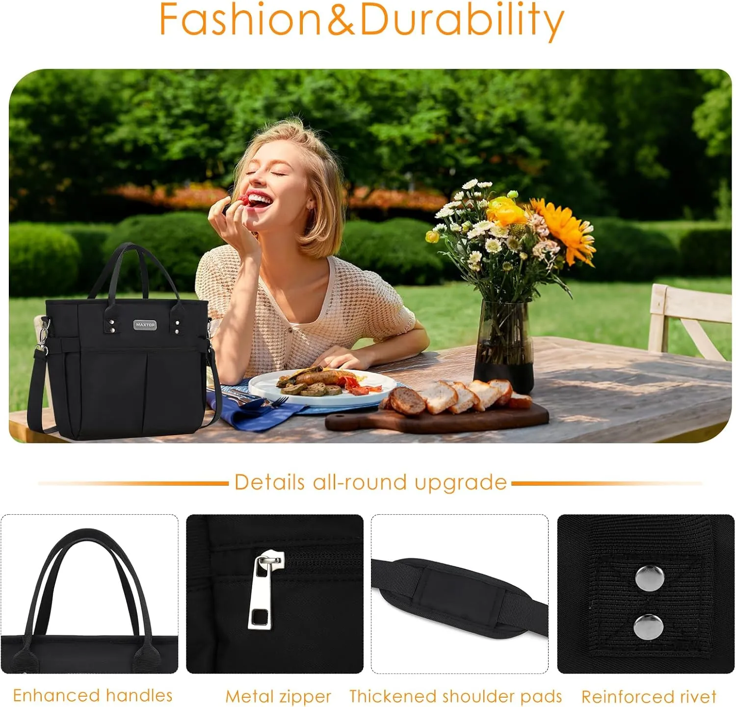 MAXTOP Lunch Bag Women for Work Insulated Thermal Lunch Box for Men with Wide-Open Pocket Reusable Leakproof Cooler Bags with Removable Shoulder Strap for Teacher Nurse Office Beach Picnic Black