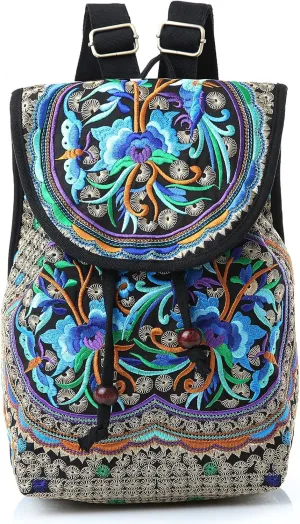 MAZEXY Embroidered Backpack Purse for Women, Boho Elegance Vintage Ethnic Floral Shoulder Handbag Plus-Sized