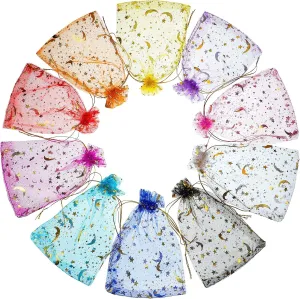 Meanplan 200 Pcs 4 x 6 Inch Moon Stars Organza Bags Bulk Organza Jewelry Gift Bags Moon Star Drawstring Small Candy Mesh Pouches Jewelry Pouches for Christmas Wedding Birthday Party Favor