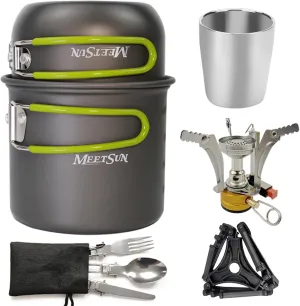 MEETSUN Portable Backpacking Cookware Set,Ultralight Aluminum Camp Cooking Set with Double-Walled Insulated Cup,Compact Camp Stove Cooking Gear,Backpacking Cookware for Hiking,Survival,Emergency