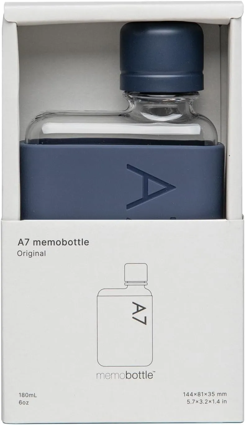 memobottle A7 (Midnight Blue) Bundle - 6oz (180ml) - Bottle, silicone sleeve & lid | Compact Flat Bottle for Bags & Pockets | BPA Free Tritan | Modern & Minimalist | For Gym, Work & Travel